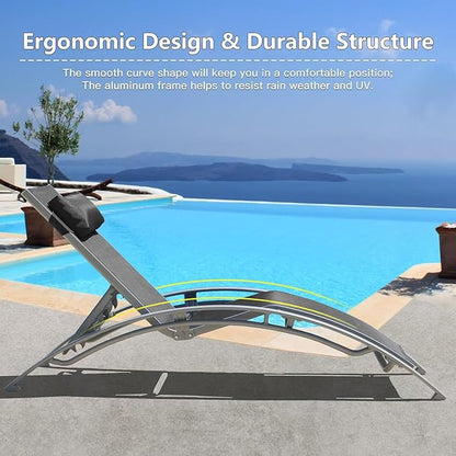 Domi Pool Lounge Chairs Set of 2 with Side Table, Aluminum Adjustable Outdoor Chaise Lounge, All Weather Poolside Chairs for Deck Lawn Poolside, Textilene (Dark Grey)