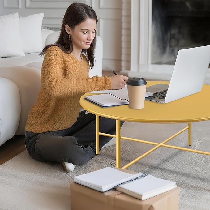 Patio Round Steel Patio Coffee Table, Weather Resistant Anti-Rust and Waterproof Indoor and Outdoor Large Side Table, for Garden Living Room Bedroom Balcony（Gold）