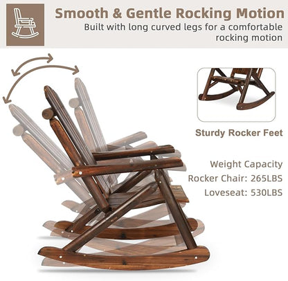 6-Piece Outdoor Wood Log Rocking Conversation Set, Patio Adirondack Furniture Set Including 2-Seater Loveseat, 2 Coffee Table, 2 Log Rocker Chair, Garden Bench & Built-in Table, Carbonized