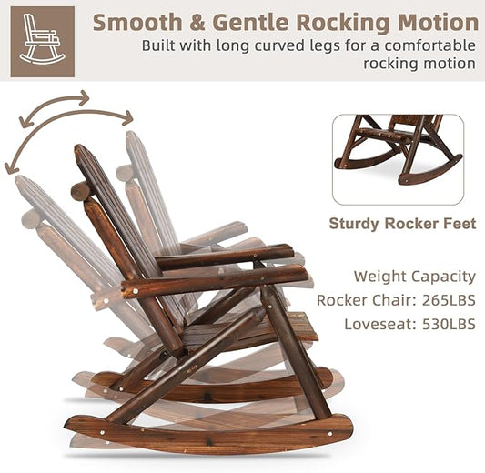 6-Piece Outdoor Wood Log Rocking Conversation Set, Patio Adirondack Furniture Set Including 2-Seater Loveseat, 2 Coffee Table, 2 Log Rocker Chair, Garden Bench & Built-in Table, Carbonized