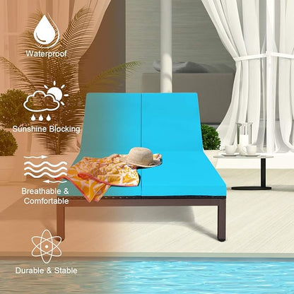 HAPPYGRILL 2-Person Patio Lounge with Wheel, Rattan Wicker Chaise Lounge Chair with Adjustable Backrest, Outdoor Sofa Daybed with Cushion for Garden Lawn Backyard
