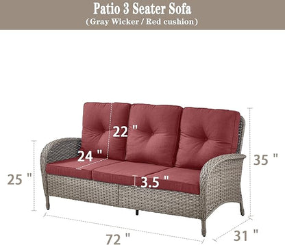 Belord Outdoor Patio Furniture - Wicker Sofa with Removable Cushion, 3 Seater Rattan Couch with Deep Seat, High Backrest, All-Weather for Balcony, Deck, Backyard, Gray/Red