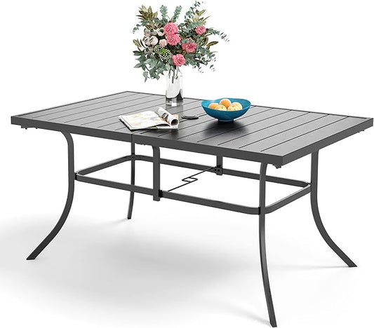 Sophia & William Outdoor Patio Table for 6 People, Rectangular Metal Patio Outdoor Dining Table, Black Steel Slatted Weather-Resistant Table with 1.57" Adjustable Umbrella Hole, L59 * W36 * H28