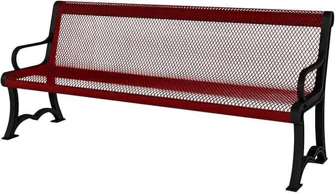 COATEDOUTDOORFURNITURE Heavy-Duty Outdoor Bench Thermoplastic Coated, Expanded Metal, Commercial-Grade Garden Bench, Made in America (Portable with Back, 4 Ft, Textured Burgundy)
