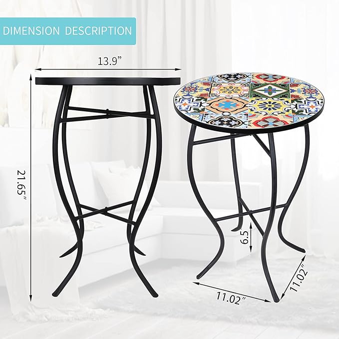 VCUTEKA Mosaic Outdoor Side Table - Small Patio Table Coffee Outside Accent Tables Round End Plant Tables for Bistro - Photo 3
