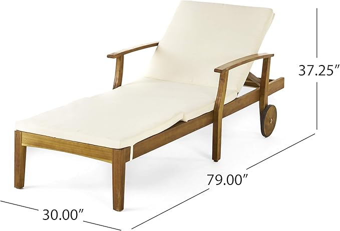 Christopher Knight Home Wesley Outdoor Acacia Wood 3 Piece Chaise Lounge Set, Teak Finish, Cream - Photo 8