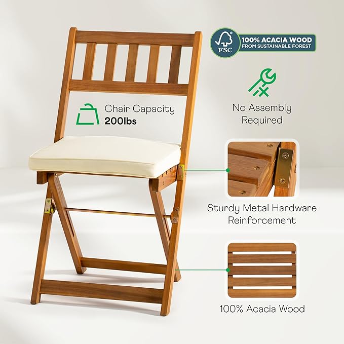 IDZO Serene Bistro Set – 2-Piece Foldable Acacia Wood Chairs with Cushions, FSC-Certified Durable Construction - Photo 3