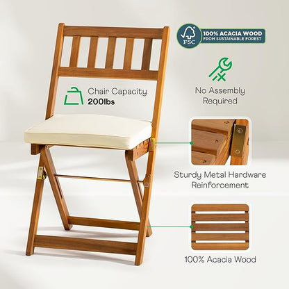 IDZO Serene Bistro Set – 2-Piece Foldable Acacia Wood Chairs with Cushions, FSC-Certified Durable Construction, Space-Saving Outdoor Seating for Balcony, Garden, Patio, or Porch