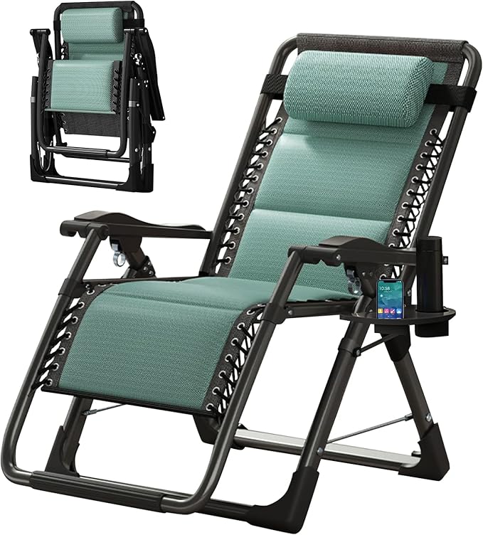 Slsy Zero Gravity Chair, Lounge Chair with Removable Cushion & Tray for Indoor and Outdoor, Patio Recliner, Folding Reclining Chair for Adults, Pacific Green