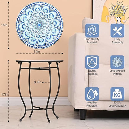 Round Side Table, 14” Patio Accent Weather Resistant Metal Side Table for Livingroom Patio Balcony Yard Porch Garden, Indoor Outdoor Small Plant Stand