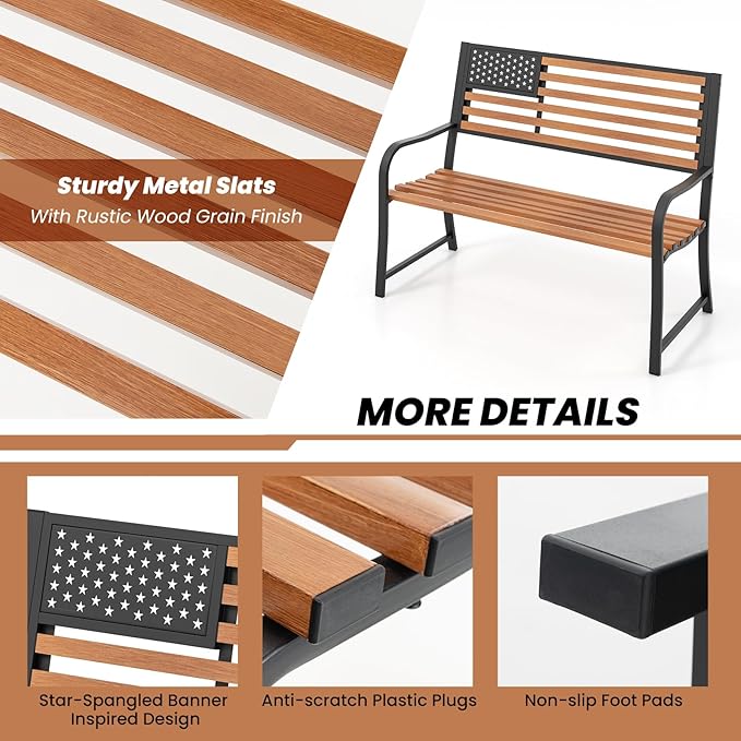 Tangkula 50” Outdoor Garden Bench, 2-Person Metal Patio Chair with Flag Pattern Backrest & Rustic Wood Grain Finish, Patriotic Bench with Arms for Porch, Deck, Park, Brown & Black