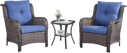 HUMMUH 3 Pieces Patio Bistro Set Wicker Patio Chairs Set of 2 with Tempered Glass Top Side Table Rattan Outdoor Furniture Conversation Set for Yard,Garden,Porch