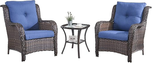 HUMMUH 3 Pieces Patio Bistro Set Wicker Patio Chairs Set of 2 with Tempered Glass Top Side Table Rattan Outdoor Furniture Conversation Set for Yard,Garden,Porch