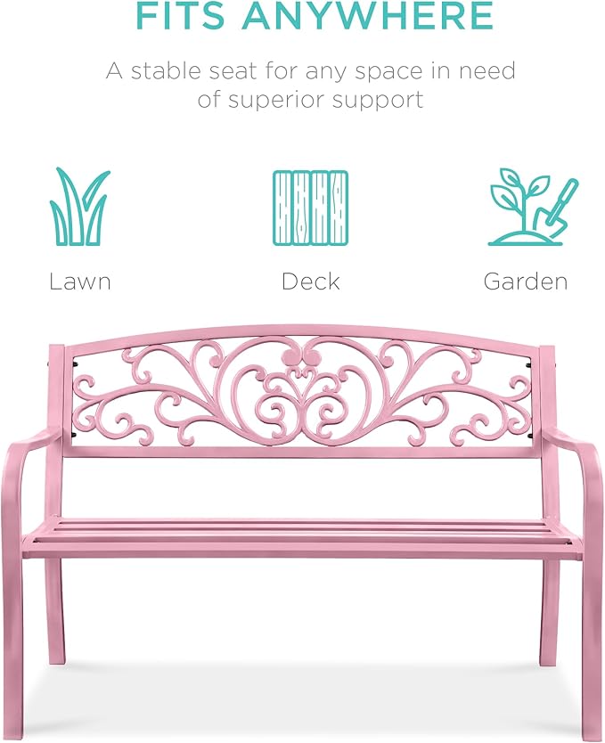 Best Choice Products Outdoor Bench Steel Garden Patio Porch Furniture for Lawn, Park, Deck w/Floral Design Backrest - Photo 3