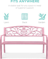Best Choice Products Outdoor Bench Steel Garden Patio Porch Furniture for Lawn, Park, Deck w/Floral Design Backrest - Photo 3