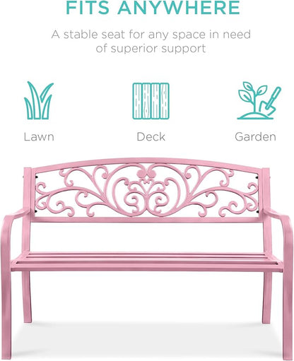 Best Choice Products Outdoor Bench Steel Garden Patio Porch Furniture for Lawn, Park, Deck w/Floral Design Backrest, Slatted Seat - Pink
