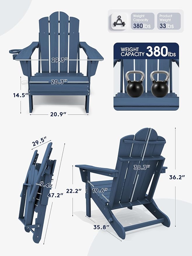 KINGYES Adjustable Folding Adirondack Chairs Set of 2, 3-Position Reclining Adirondack Chair with Cup Holder - Photo 3
