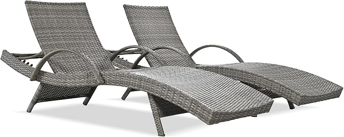 LUMISOL Outdoor Chaise Lounge Chairs Set of 2, Wicker Patio Lounge Chair with Reclining Backrest, 80'' Rattan Outdoor Lounge Chair with Pull-Out Side Table, Pool Sunbathing Recliners, Grey