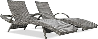 LUMISOL Outdoor Chaise Lounge Chairs Set of 2, Wicker Patio Lounge Chair with Reclining Backrest, 80'' Rattan Outdoor Lounge Chair with Pull-Out Side Table, Pool Sunbathing Recliners, Grey