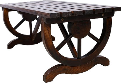 Outdoor Rustic Wooden Bench, 2 People Outdoor Bench with Wagon Wheel Legs, Garden Bench for Front Porch Furniture Patio Lawn Yard Park, Indoor and Outdoor Decor (Rustic Brown)