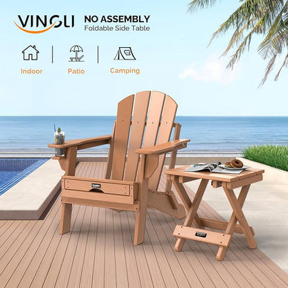 VINGLI Small HDPE Folding Side Table, Plastic Waterproof Portable Adirondack Coffee End Tables, All Weather for Patio, Backyard, Pool, Indoor Use, Slats Style, Teak