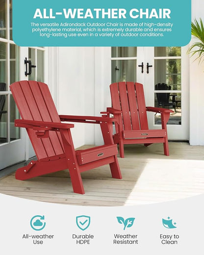 Folding Adirondack Chair, HDPE All-Weather Fire Pit Chairs, Plastic Adirondack Chairs with 2 Cup Holder, Outdoor Lawn Chair for Patio Garden (Red)