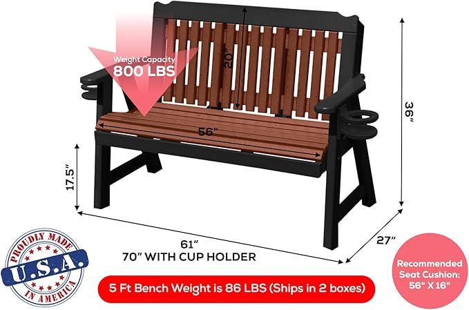 3-Person 5FT Plastic Poly Lumber Wood Cup Holders Bench Amish Craftsmanship Made in USA HDPE with No wood fibers Memorial Patio Outdoor Garden Porch Church Logan Series Signature design 800 lbs Limit