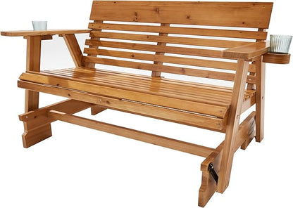 HOMREST Wooden Patio Glider Bench with Cup Holders, Heavy Duty 900LBS Outdoor Loveseat Glider with Ergonomic Deep Contoured Seat and High Roll Back for Garden Porch Balcony (4Ft 2-Seater, Brown)