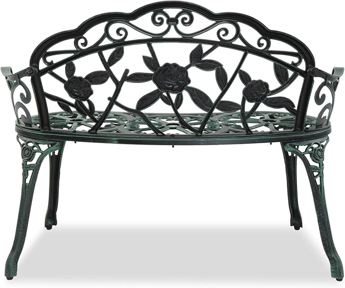38.5” Outdoor Porch Bench with Hollow Rose Design,Elegant Garden Bench Park Bench for Backyard,Iron Bench with Arms,Antique Green