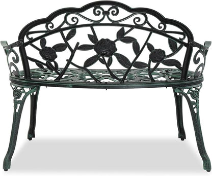 38.5” Outdoor Porch Bench with Hollow Rose Design,Elegant Garden Bench Park Bench for Backyard,Iron Bench with Arms,Antique Green