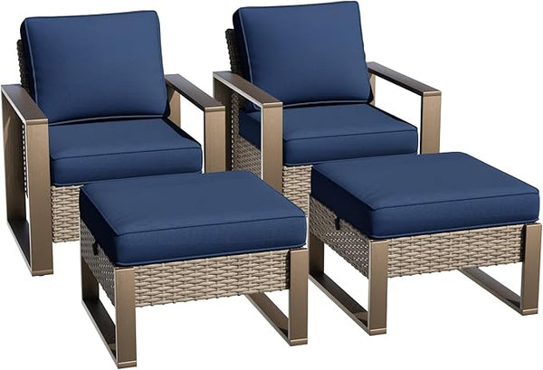 Outdoor Wicker Metal Chairs Set of 2 with Two Ottomans - 4 Pieces Patio Bistro Set with Rectangular Framed Wood-Looking - Photo 1