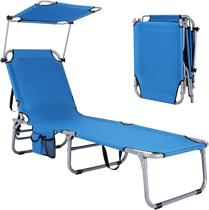 GYMAX Beach Chair with Canopy Shade, Folding Tanning Lounge with Adjustable Backrest, Carry Handle & Side Pocket - Photo 1