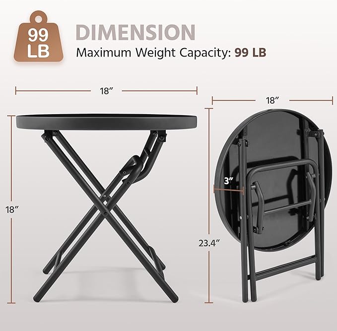 Yaheetech Outdoor Folding Side Table, Round Patio Folding End Table with Silk Tempered Glass Tabletop, Portable Small Garden Bistro Table for Garden Balcony Porch Deck, Black