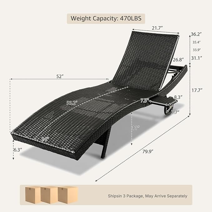 Set of 6 Dark Brown Outdoor Chaise Lounge Chairs, Wicker Patio Lounge Chairs with Adjustable Backrest and Wheels, Durable PE Rattan Pool Chair for Patio, Poolside and Garden