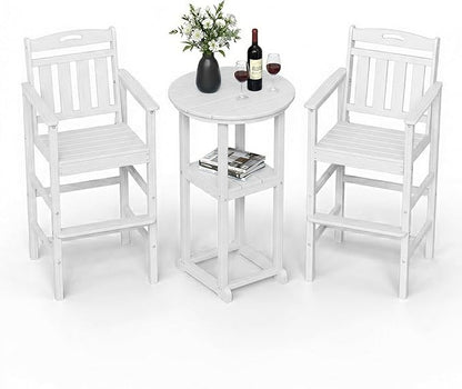 Ciokea 3-Pcs Bistro Table and Chairs, All-Weather Round High Top Bar Table with Storage Shelf and 2 Oversized Adirondack Chairs, Heavy Duty Outdoor Bar Set Patio Bistro Set for Balcony Deck, White