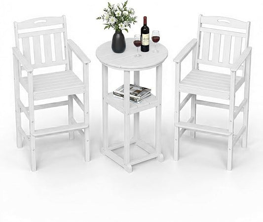Ciokea 3-Pcs Bistro Table and Chairs, All-Weather Round High Top Bar Table with Storage Shelf and 2 Oversized Adirondack Chairs, Heavy Duty Outdoor Bar Set Patio Bistro Set for Balcony Deck, White