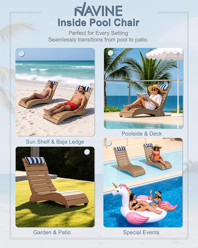 Pool Lounge Chairs, HDPE Adjustable Chaise Chairs with Headrest, Weighted Fade-Resistant Pool Chairs and Lounger for Baja Ledge，Poolside and Deck, Teak