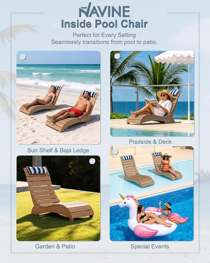 Pool Lounge Chairs Set of 2, HDPE Adjustable Chaise Chairs with Headrest, Weighted Fade-Resistant Pool Chairs and Lounger for Baja Ledge，Poolside and Deck, Teak