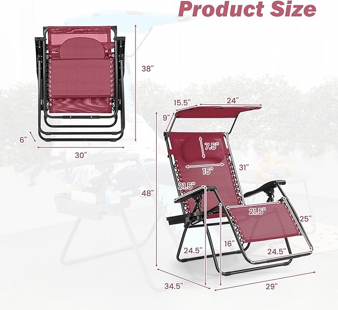 Goplus Zero Gravity Chairs, X-Large Folding Lounge Lawn Chair w/Canopy Shade & Cup Holder - Photo 3