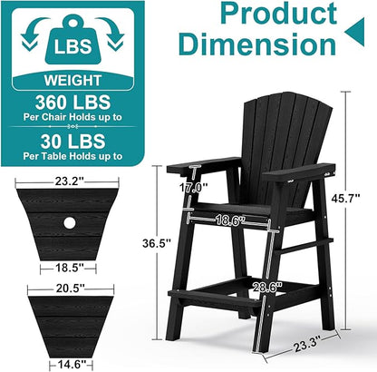 PLUUV Tall Adirondack Chairs Set of 2 High Back Adirondack barstools with Removable Connecting Tray, HDPE Height Adirondack Barstools, High Patio Chairs for Balcony, Lawn, Deck, Backyard - Black