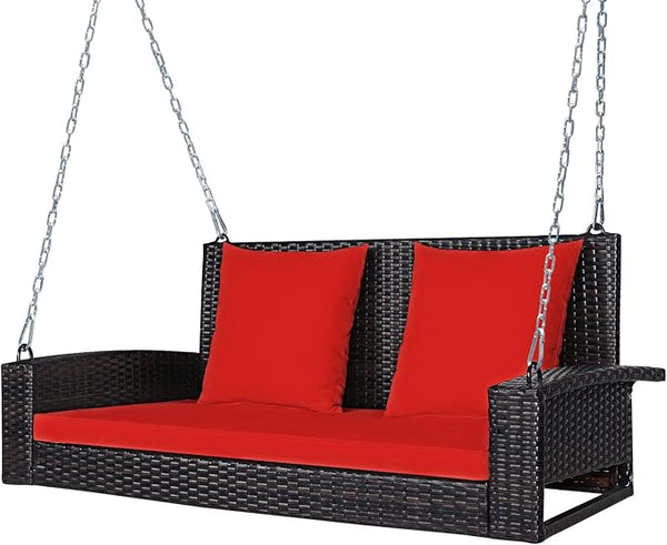 Tangkula 2-Person Wicker Porch Swing, Patiojoy Outdoor Rattan Hanging Swing Bench W/ 2 Back Cushions & 1 Seat Cushion - Photo 1