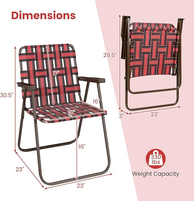 GYMAX Lawn Chair Folding, Webbed Beach Lounge Chairs Set with Highback - Photo 3