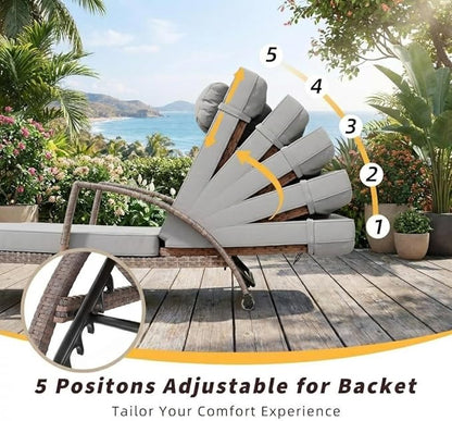 GarveeLife Outdoor Wicker Chaise Lounge Chair with Cushion, Metal Frame Patio Reclining Lounge Bed, All-Weather Rattan Sun Lounger for Poolside, Garden, Backyard & Balcony,Brown Wicker, Gray Cushion