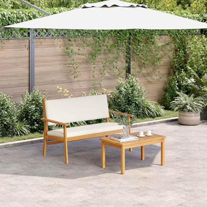 vidaXL Cream White Outdoor Bench Set with Cushions Acacia Wood Patio Furniture for Balcony and Garden Comfortable Seating 2 People Stylish Coffee Table Cozy Cushioned Modern Design Living Space.