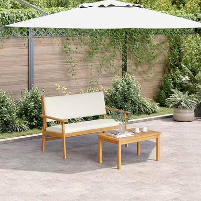 vidaXL Cream White Outdoor Bench Set with Cushions Acacia Wood Patio Furniture for Balcony and Garden Comfortable Seating 2 People Stylish Coffee Table Cozy Cushioned Modern Design Living Space.