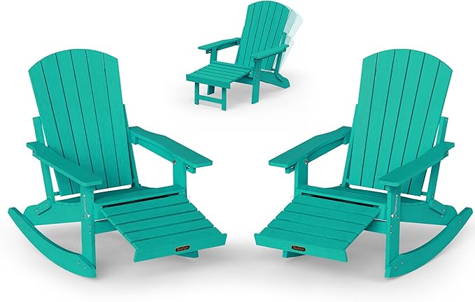 Adirondack Rocking Chair with Retractable Ottoman Set of 2, 4-in-1 Foldable Reclining Patio Chair, HDPE Wood-Look Outdoor Rocker for Porch, Garden & Poolside, Lake Blue