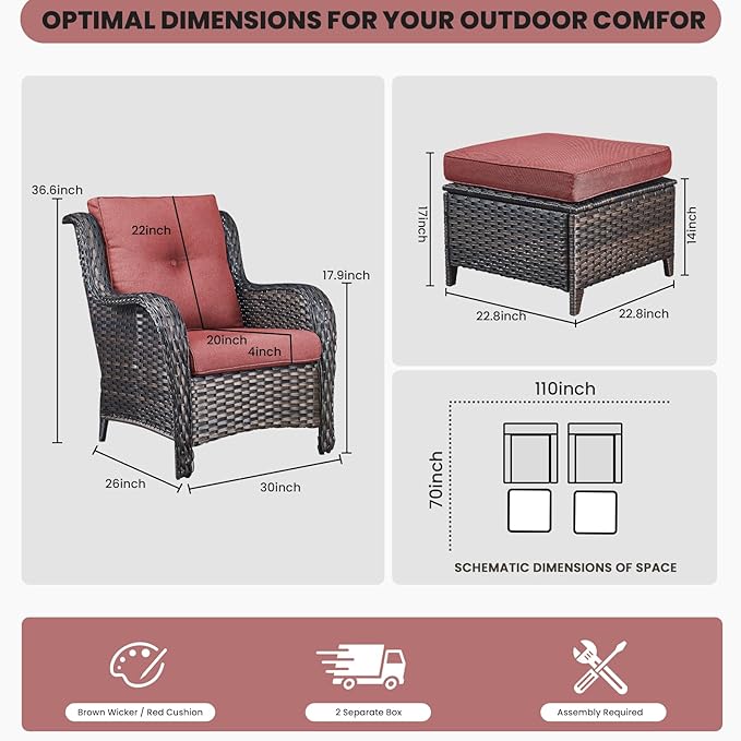 Belord Wicker Furniture 4 Pieces Outdoor Patio Furniture Set Patio Chairs with Ottomans Conversation Set for Porch - Photo 3