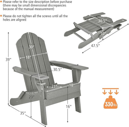 Giantex Adirondack Chair Outdoor Folding Chairs, HDPE Weather Resistant Patio Chair with Built-in Cup Holder Lawn Chair for Patio, Backyard, Balcony, Deck Outside Plastic Fire Pit Chair (4, Grey)