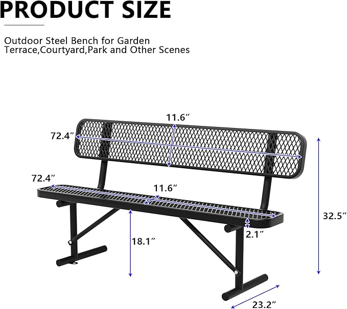 72" Metal Park Benches for Outside - Black Outdoor Benches Heavy Duty Garden Weatherproof Bench with Backrest, Buddy Bench for Schools,Commercial Benches for Shopping Mall, Store, Yard, Patio