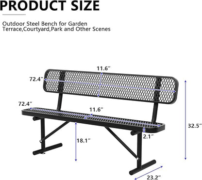 72" Metal Park Benches for Outside - Black Outdoor Benches Heavy Duty Garden Weatherproof Bench with Backrest, Buddy Bench for Schools,Commercial Benches for Shopping Mall, Store, Yard, Patio